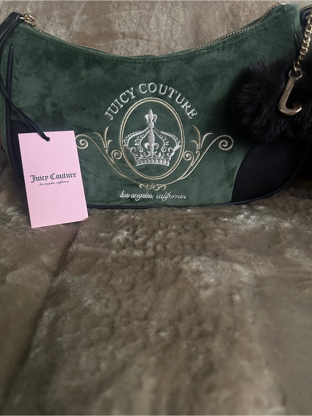 Juicy Couture Emerald Green Velvet Shoulder Bag with Black Trim